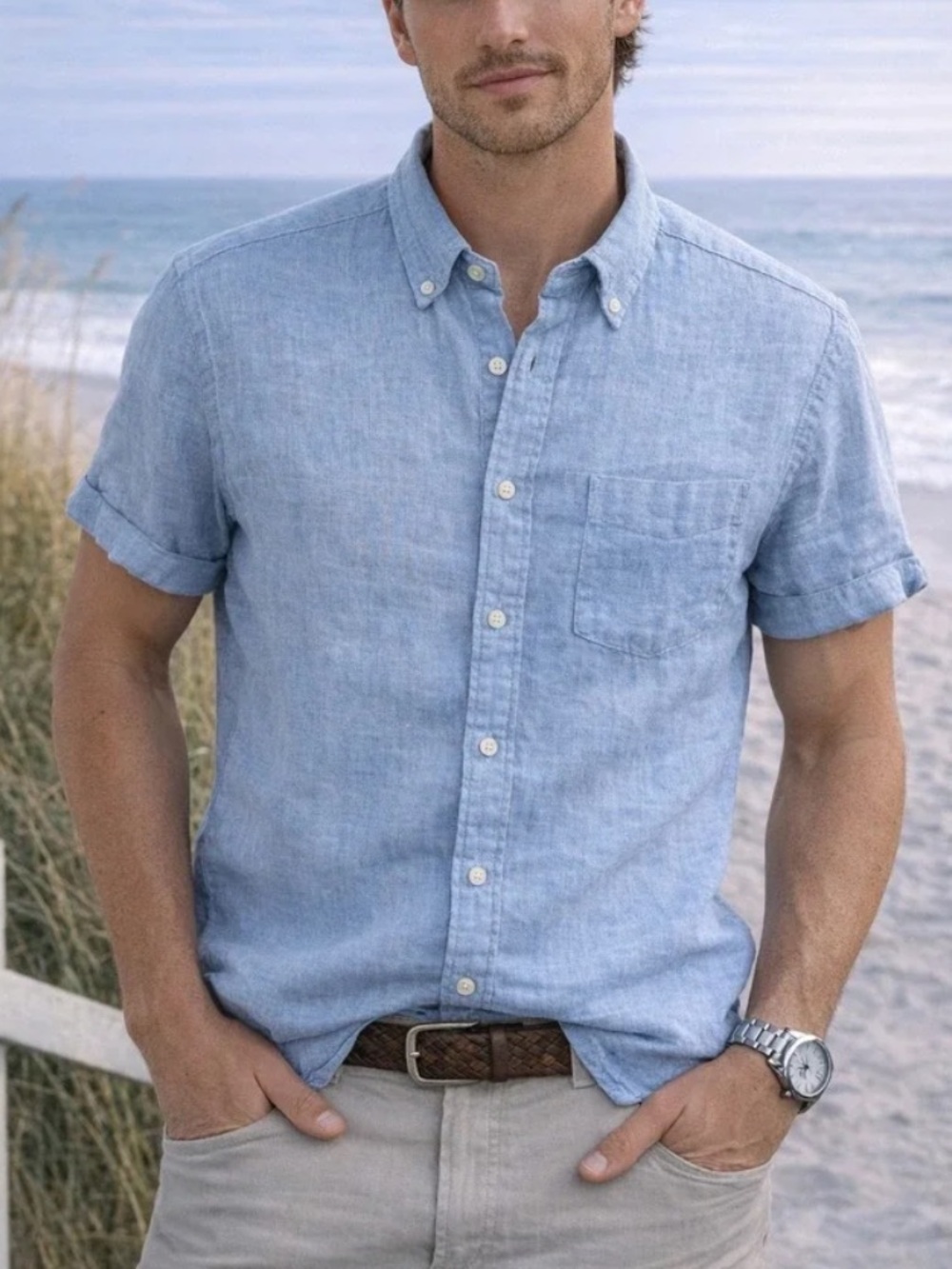 J. Crew Linen Blue Short-Sleeve Button Down Shirt / Summer / Beach / Vacation